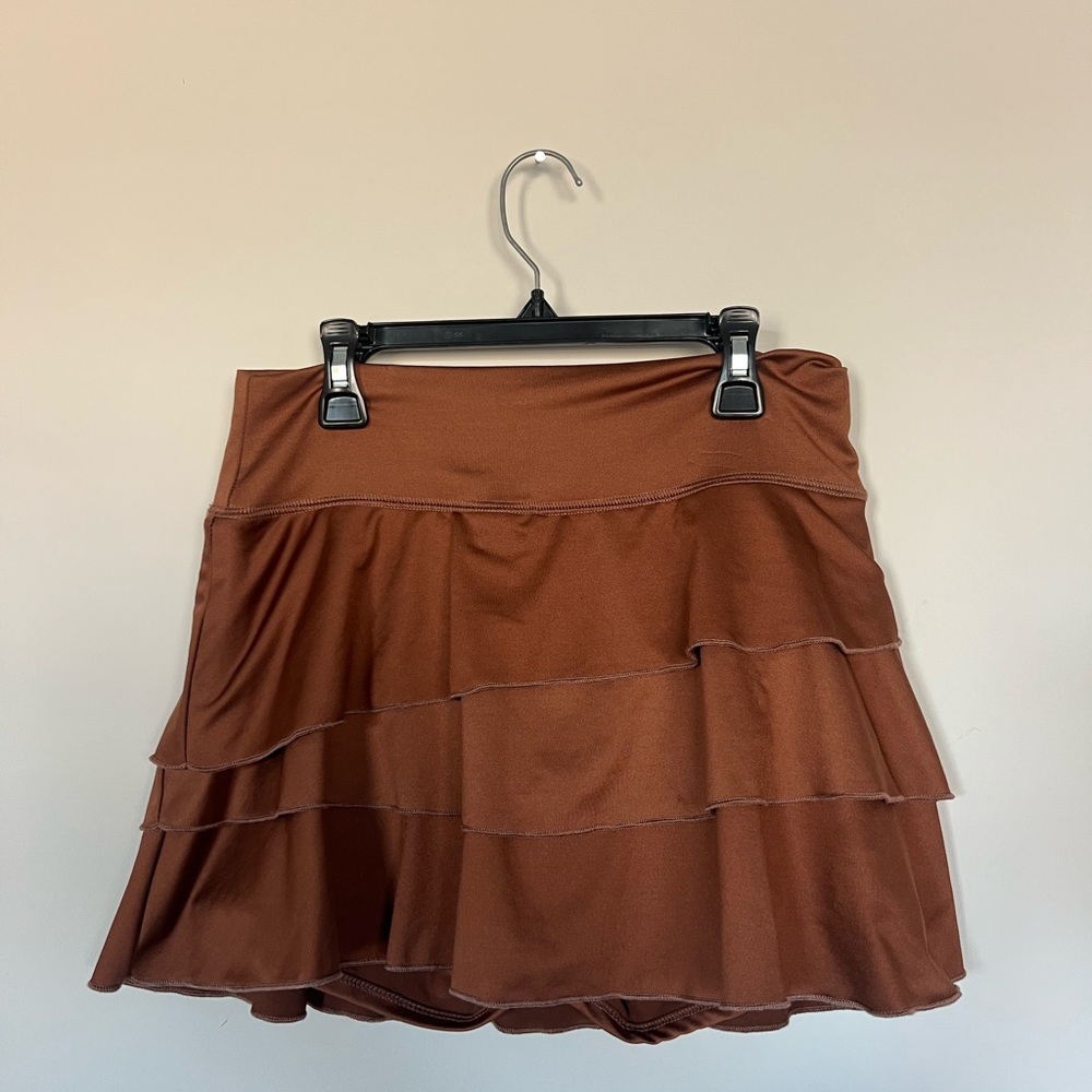 Cute Athleisure Flowy Tennis Mini Skirt | Stretchy Built in Shorts | Brown Trend